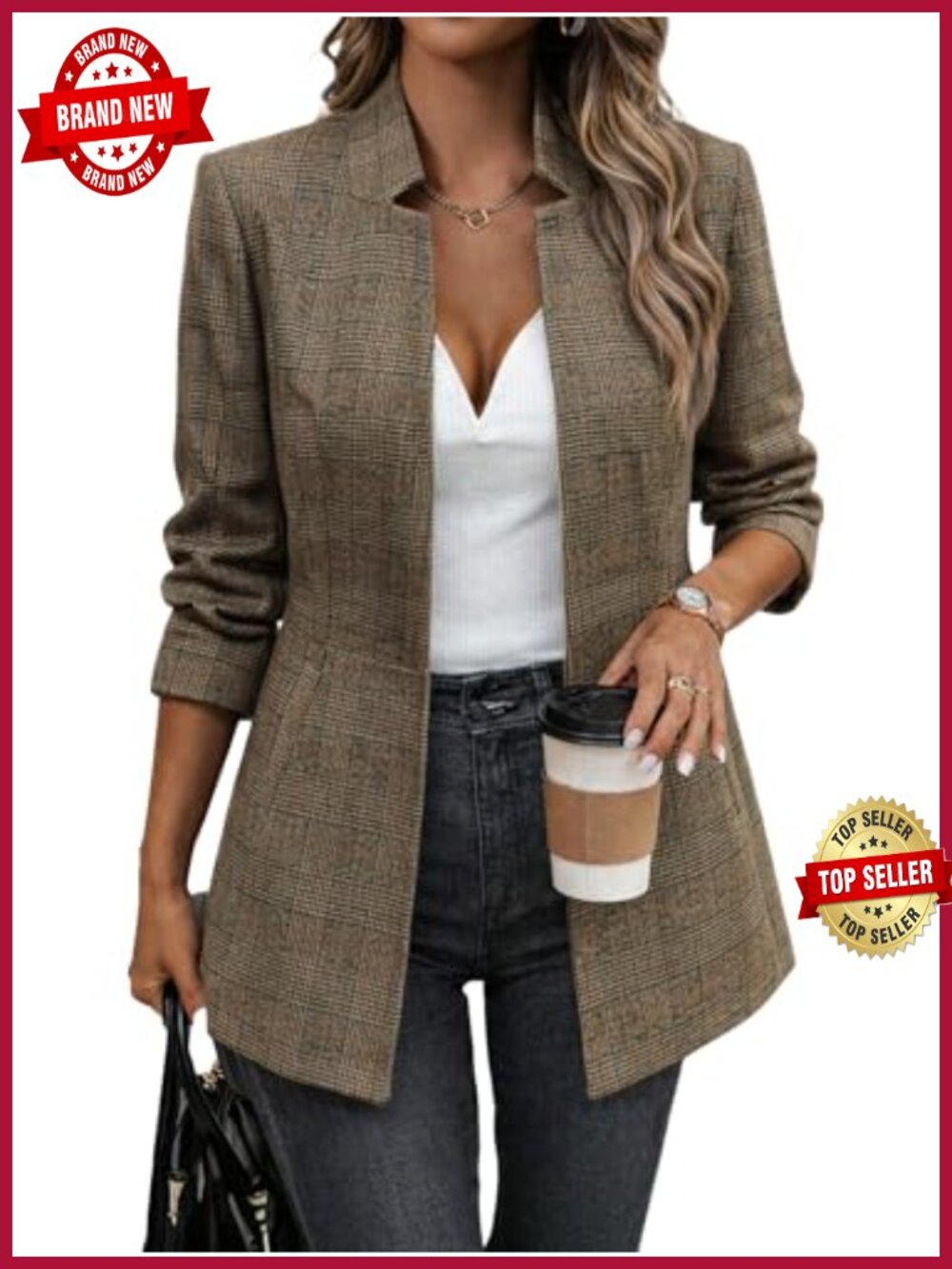 Tweed Blazer Long Open Front Stand Collar Business Casual Jacket